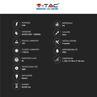 VT-827 Lampada LED da Muro 12W Nera SMD Applique IP65 V-Tac