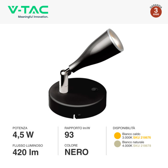 V-TAC VT-805 Lampada LED 4,5W da parete nero orientabile con interruttore  ON/OFF da muro luce bianco caldo 3000K - SKU 218676