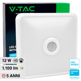 V-Tac Pro VT-81003 Plafoniera LED Quadrata 12W SMD Chip Samsung Sensore PIR...